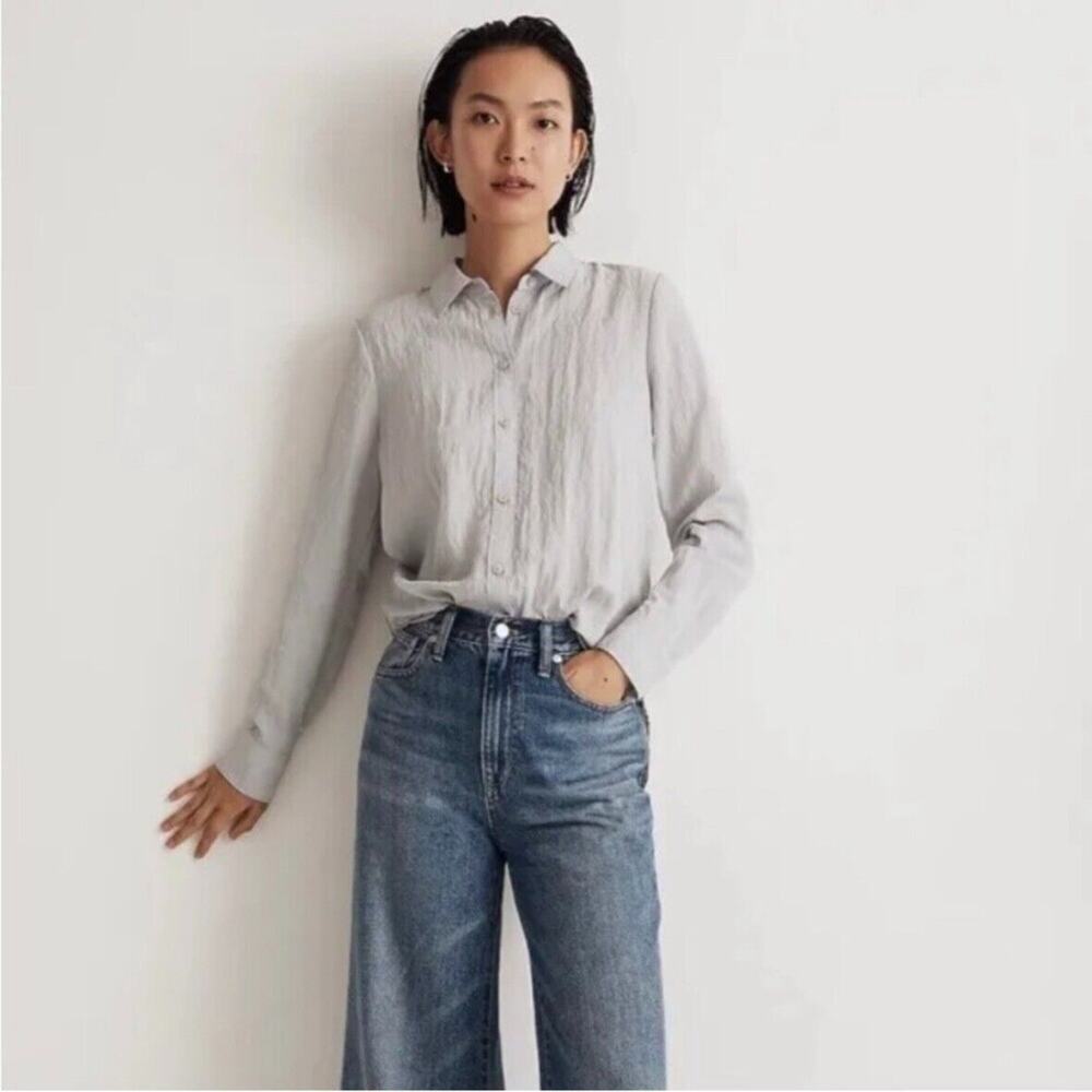 madewell paxton relaxed fit crinkled button down shirt gray women xxs